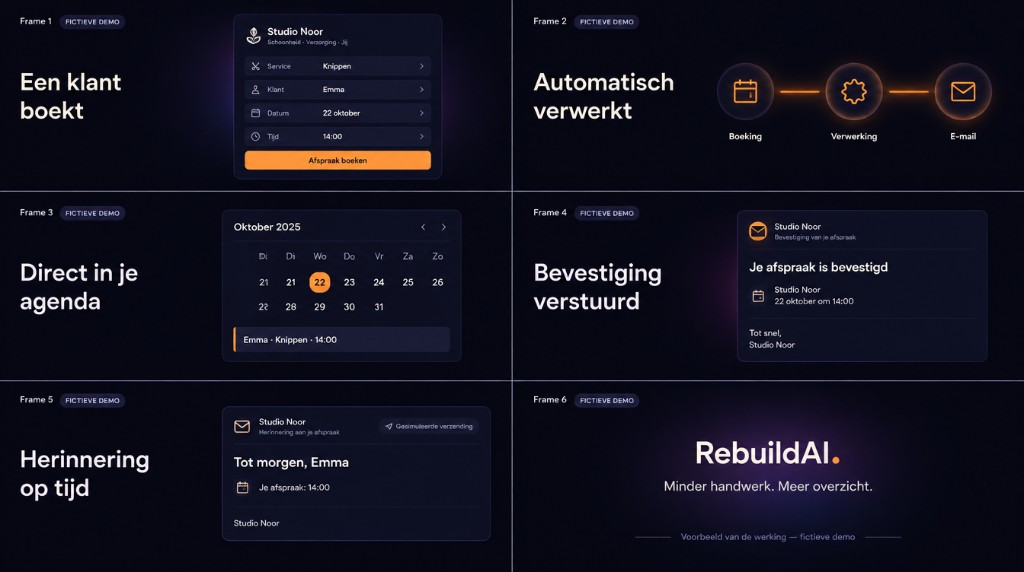 Fictief voorbeeld van de automatiseringsflow: boeking, verwerking, agenda, bevestiging en herinnering. Geen echte klant en geen werkende boekingsmodule.